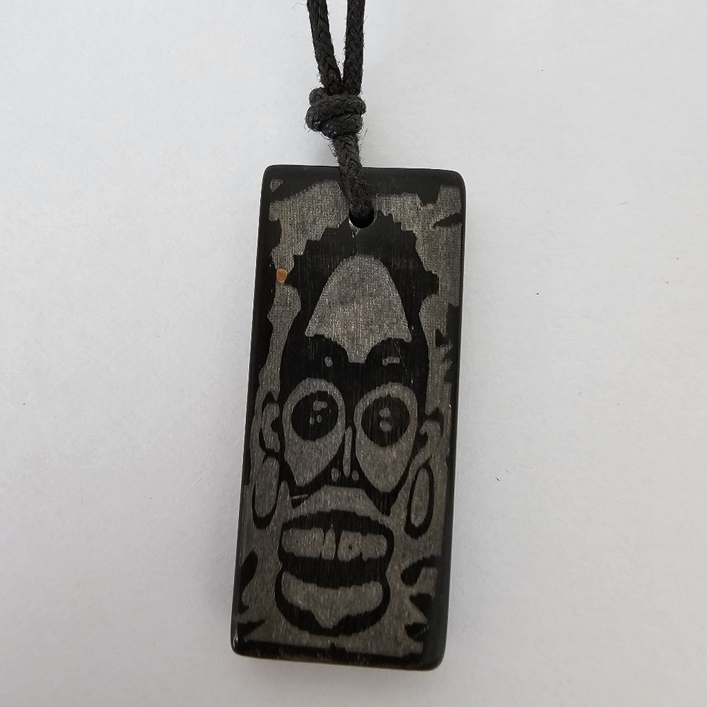 Vintage Etched Tribal Mask Pendant - Carved Bone/Horn Black Folk Art Jewelry